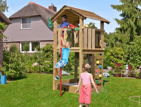 Jungle Cottage | Spielturm aus Holz mit Feuerwehrstange