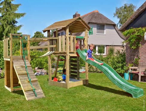Jungle Cottage | Spielturm aus Holz mit Rutsche & Wackelbrücke